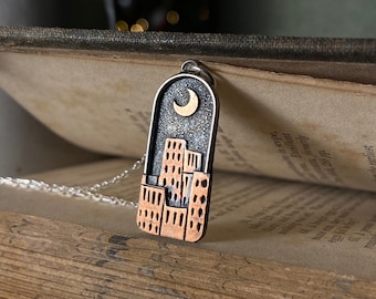 Copper Sterling Silver Urban City Cityscape Night Sky Moon Charm Necklace - Handmade Metalsmith Folk Art Jewelry - Made in the USA