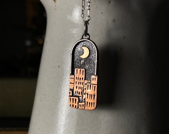 Copper Sterling Silver Urban City Cityscape Night Sky Moon Charm Necklace - Handmade Metalsmith Folk Art Jewelry - Made in the USA