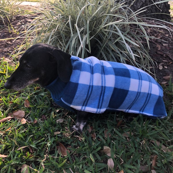 Blue and White Plaid Fleece Dog Coat, Stretchy Dog Sweater