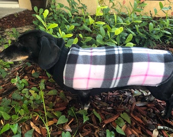 Pink & Black Plaid Fleece Dog Coat, Stretchy Dog Sweater