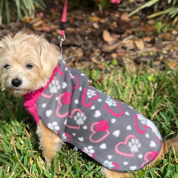 Gray & Pink Hearts Fleece Dog Coat, Stretchy Dog Sweater