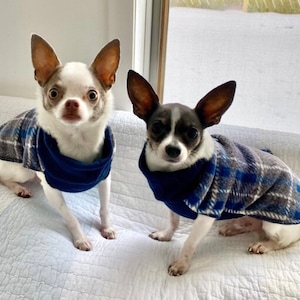 Blue and Gray Plaid Fleece Dog Coat, Stretchy Dog Sweater