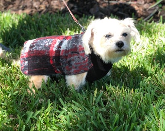 Black and Red Plaid Fleece Dog Coat, Stretchy Dog Sweater