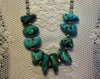 Gorgeous Vintage Bohemian or Southwest Style Chunky Stabilized Turquoise Nugget & Silver Bead Necklace