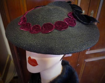 Gorgeous Vintage Depression Era Straw Pancake Beret Style Tilt Hat with Velvet Applique & Bow Accents and Large Felt Tipped Hat Pin