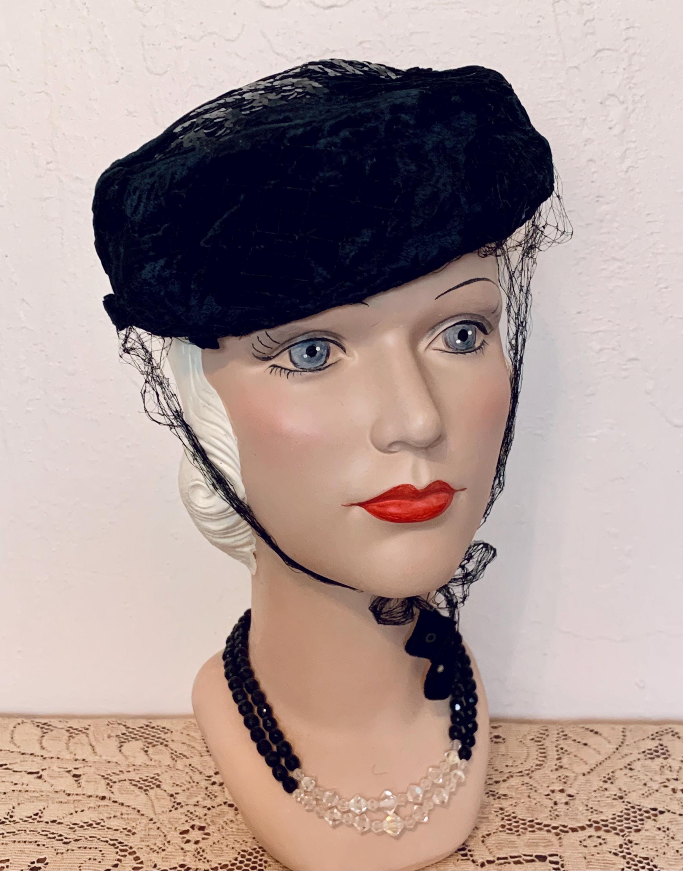 Small Black Velvet Pillbox Hat With Netting Veil, Tiny White Beading Trim Gorgeous 1950 main image 4