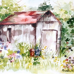 May include: A watercolor painting of a weathered, white shed with a red roof. The shed is surrounded by a garden with colorful flowers. There are two watering cans in front of the shed.