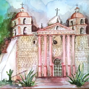 Mission Santa Barbara Watercolor print, California Mission, Mission watercolor, Santa Barbara scene, Queen of the Missions, collectible art
