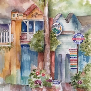 Avila Beach Street Scene; Watercolor Print; Avila Beach Town; Summer in Avila Beach; Avila Beach Shops; Downtown Avila Beach; California