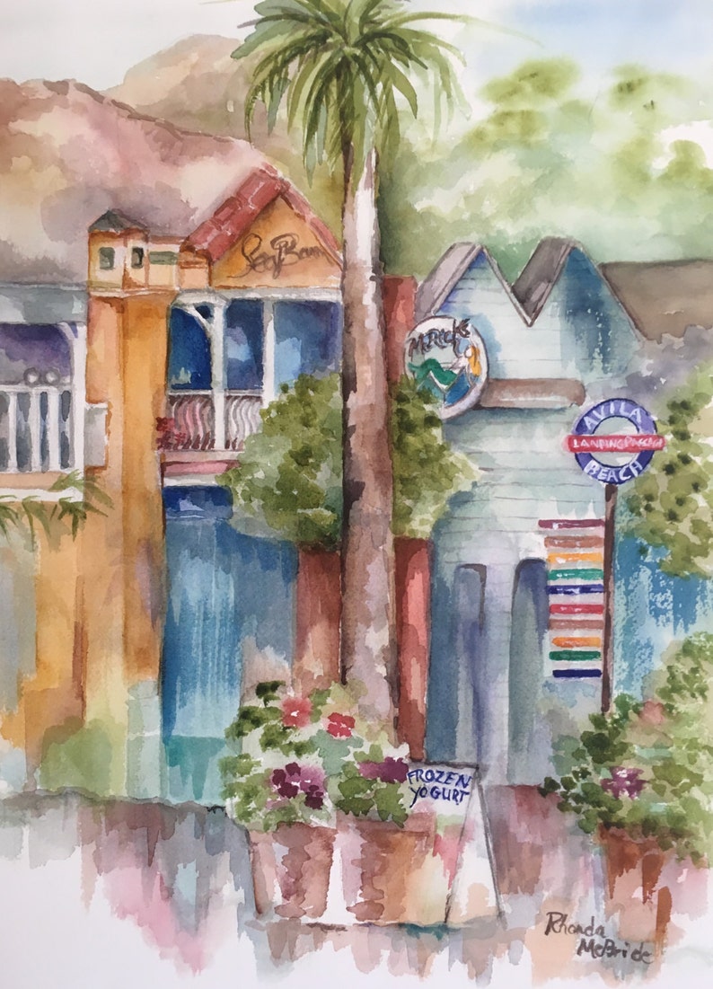 Avila Beach Street Scene Watercolor Print Avila Beach Town Summer in