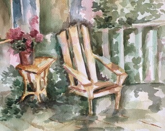 Front Porch in the Shade; Charming Front Porch Scene; Front Porch Watercolor; Cottage Chic; Vintage Porch; Mothers Day Gift