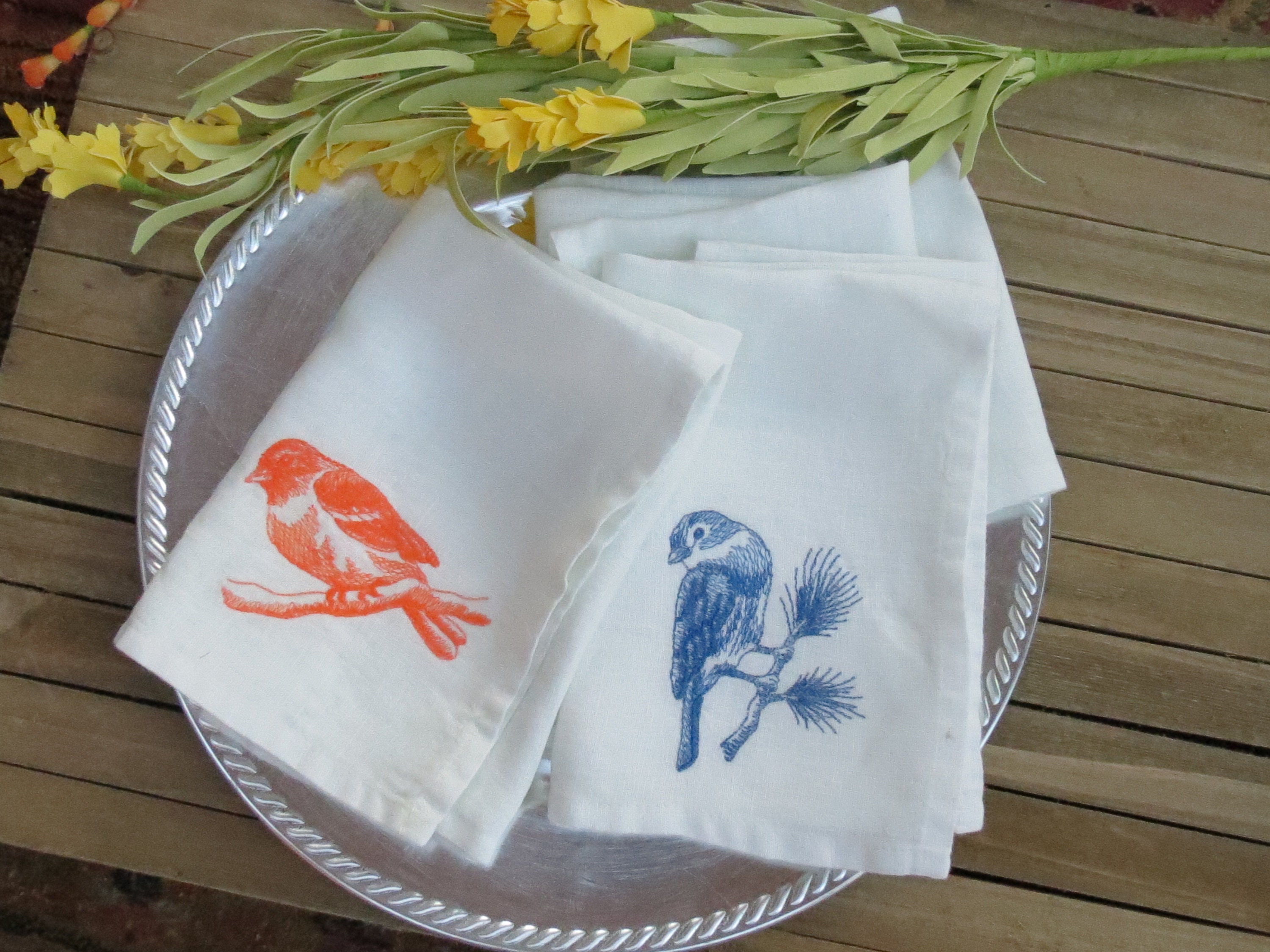 Bird Napkin Set Birds embroidered napkins white linen Etsy