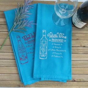 Paños de cocina bordados con maridaje de vinos, Regalo de vino, Regalo para amantes del vino, Paños de cocina, Mantelería para vino, Mantelería de cocina, Paños de cocina azules
