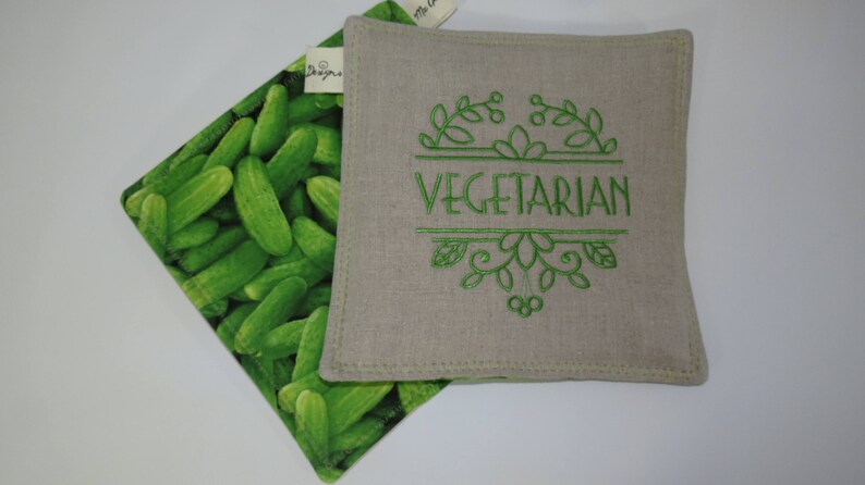 Vegetarian Kitchen Decor Embroidered Hot Pads Vegan Kitchen Decor Organic Kitchen Decor Pot Holders Embroidered Organic Pot Holders