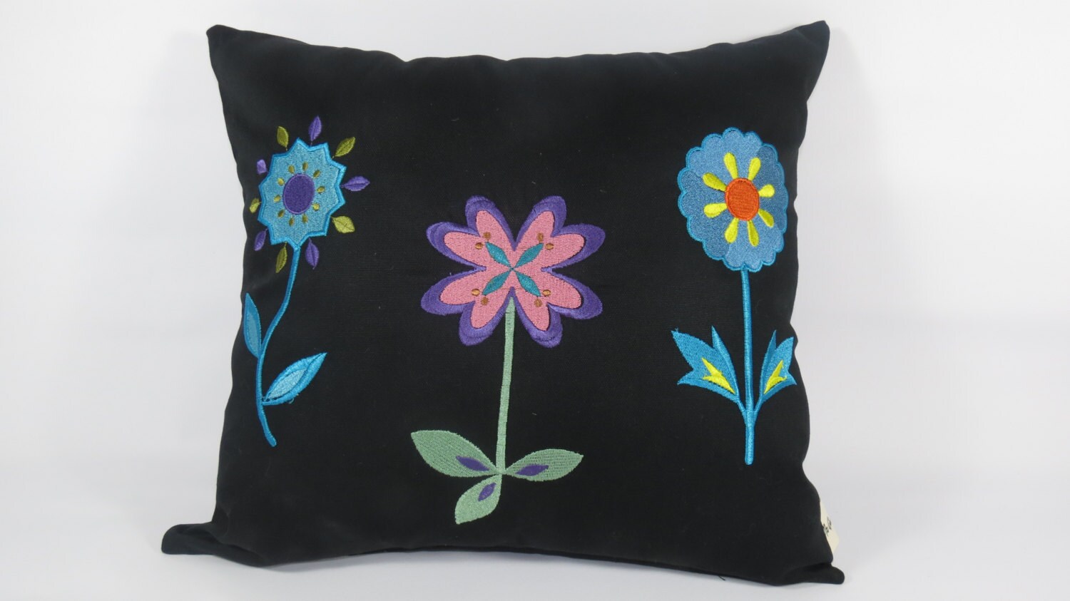 Black Pillow Cover Embroidered Flowers Pillow Cover Etsy