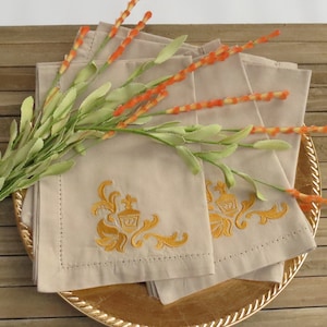 Gold Embroidered Dreidel Napkins - Chanukah Damask Linens, Set of 4