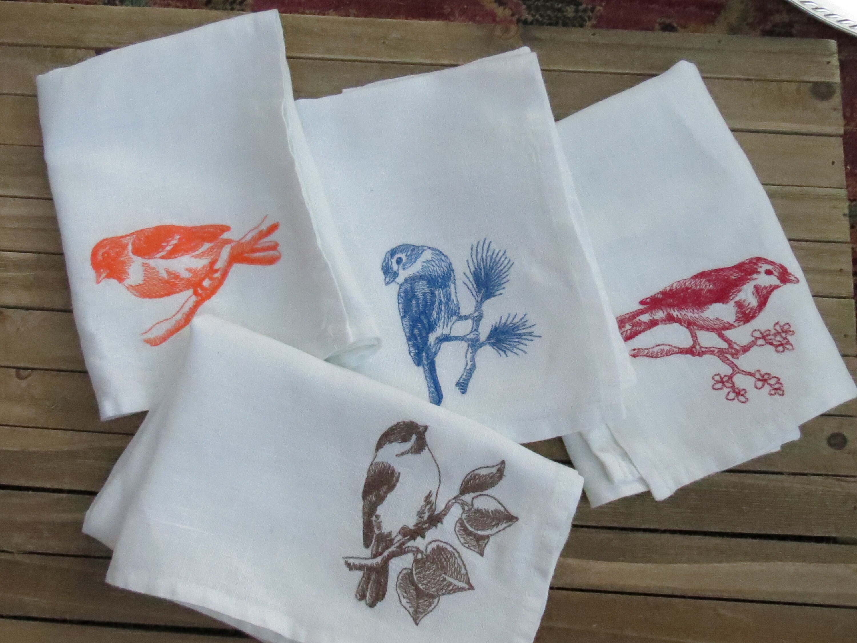 Bird Napkin Set Birds embroidered napkins white linen Etsy