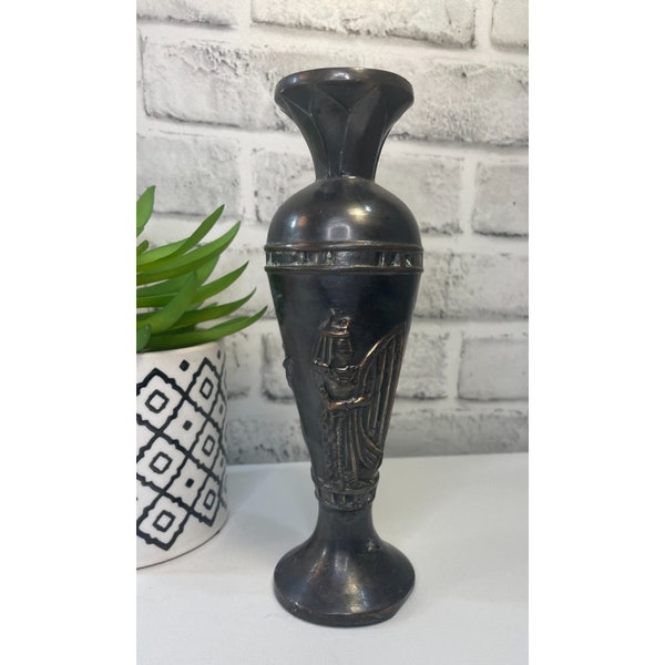 Vintage Metal Egyptian Hieroglyphics Urn Style Flower Bud Vase