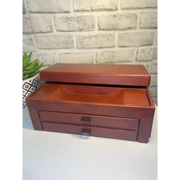 Vintage Men's or Woman's Faux Leather 3 Tier Rust Brown Jewelry Valet Box