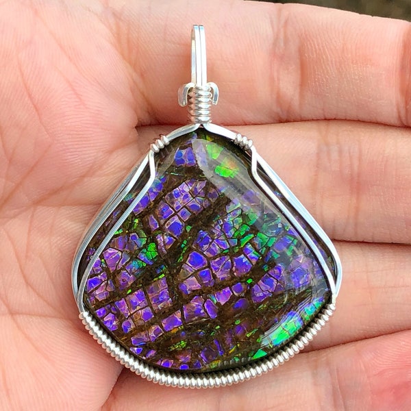 Ammolite pendant, Wire wrapped pendant, Sterling silver, Purple ammolite jewelry, Pink Ammolite necklace, Green Ammolite cabochon