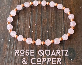 Rose Quartz & Untreated Copper Wrist Mala // Stimulates Energy Flow - Heart Chakra - Self Love + Empathy - Compassion - Kindness