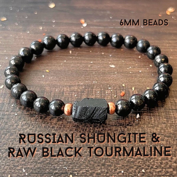 Shungite russe et tourmaline noire brute avec cuivre non traité // Perles de 6 mm - Stimule le flux d'énergie - Bouclier EMF - Merveilleusement protecteur