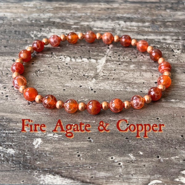 Fire Agate & Untreated Copper Wrist Mala // 6mm Beads - Stimulates Energy Flow - Creativity - Passion - Motivation