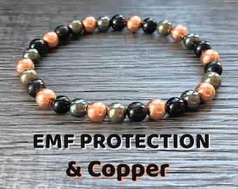 EMF Protection Mala with Copper // 6mm Beads, Shungite - Pyrite - Black Tourmaline - Hematite