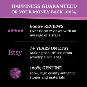 Puede incluir: Gr&aacute;fico con texto sobre fondo negro. El texto incluye "HAPPINESS GUARANTEED OR YOUR MONEY BACK 100%", "6000+ REVIEWS", "7+ YEARS ON ETSY" y "100% GENUINE". Tambi&eacute;n est&aacute; presente el logotipo de Etsy.