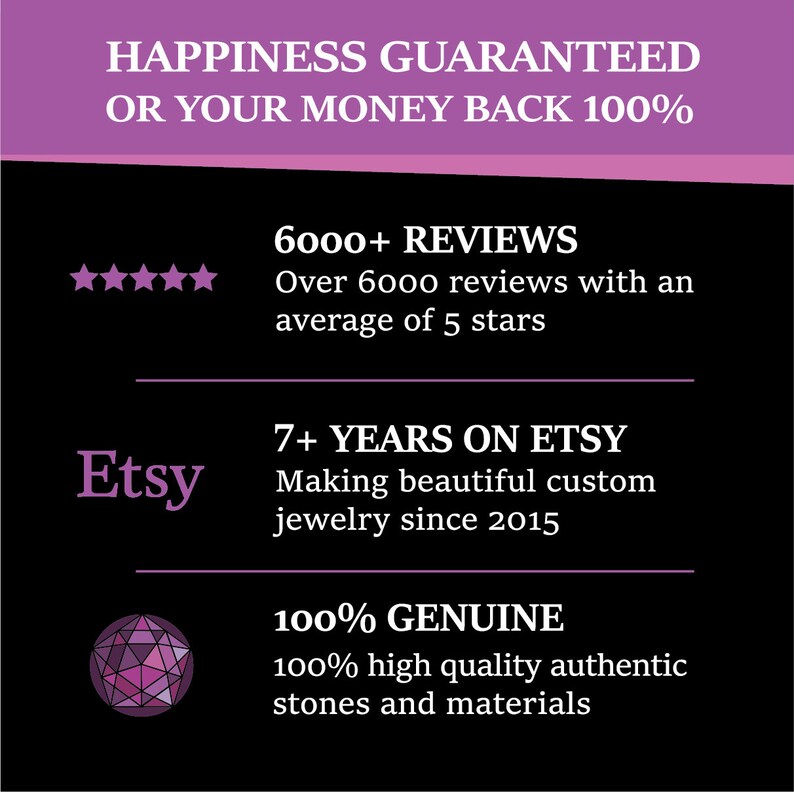 Puede incluir: Gr&aacute;fico con texto sobre fondo negro. El texto incluye "HAPPINESS GUARANTEED OR YOUR MONEY BACK 100%", "6000+ REVIEWS", "7+ YEARS ON ETSY" y "100% GENUINE". Tambi&eacute;n est&aacute; presente el logotipo de Etsy.