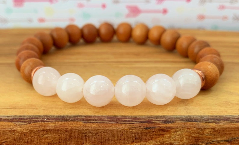 Sandalwood Healing The Heart Chakra Self Compassion Nurturing Ourselves Choose from 6mm8mm10mm Beads Rose Quartz Wrist Mala