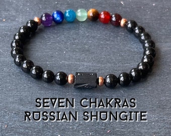 Russian Shungite 7 Chakras with Untreated Copper // 6mm Beads - Stimulates Energy Flow - EMF Shield - Wonderfully Protective