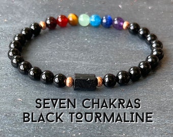 AAA Black Tourmaline 7 Chakras with Untreated Copper // 6mm Beads - Stimulates Energy Flow - EMF Shield - Wonderfully Protective