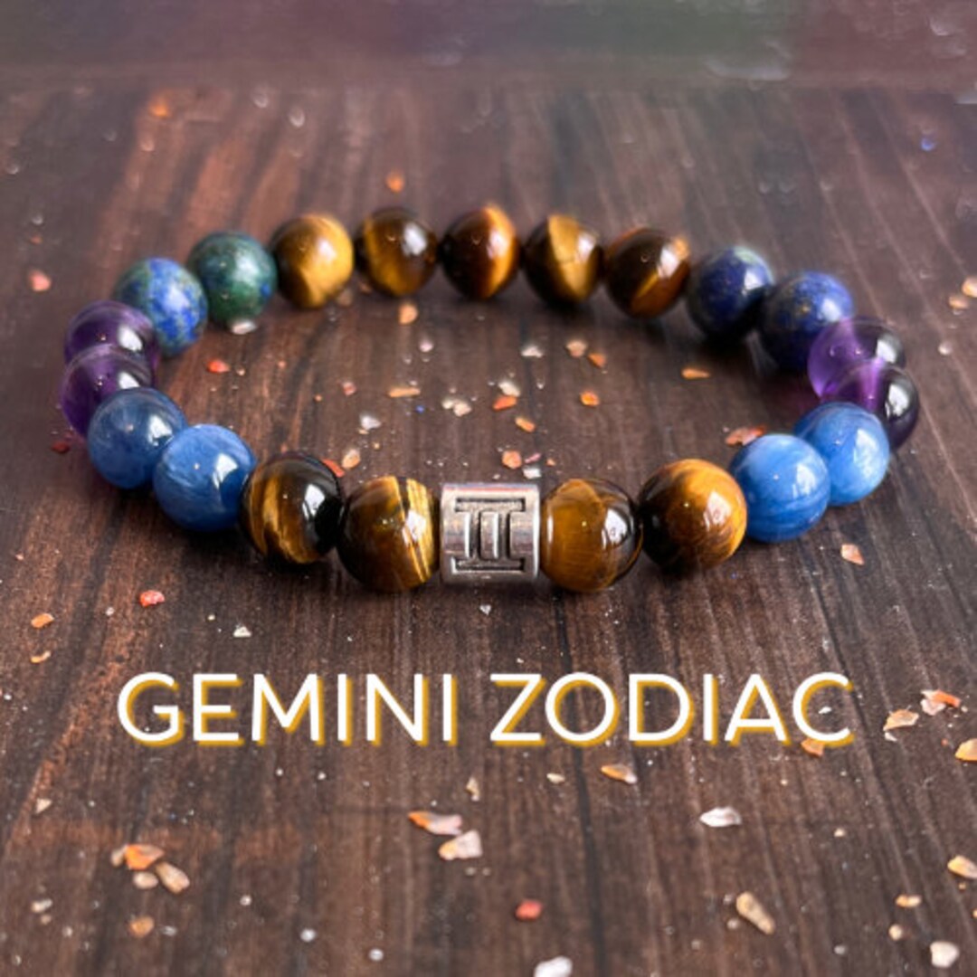 Gemini Zodiac Wrist Mala // Tiger Eye Blue Kyanite Amethyst  Chrysocolla