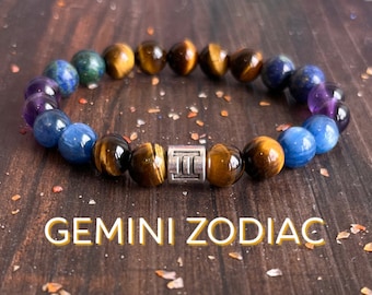 Gemini Zodiac Wrist Mala // Tiger Eye Blue Kyanite Amethyst  Chrysocolla