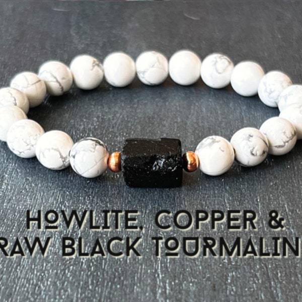 Howlite with Raw Black Tourmaline Wrist Mala with Copper// Negative Energy Shield - Healing for All Chakras - Protection and Safety