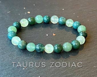 Taurus Zodiac Wrist Mala // Green Aventurine Bloodstone- Moss Agate  Prehnite