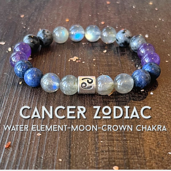 Cancer Zodiac Wrist Mala  //  Labradorite - Dumortierite - Amethyst - Black Moonstone