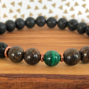 Men's Manifestation & Abundance Wrist Mala  //  Volcanic Lava - Bronzite - Malachite, Clarity - Focus - Setting Goals