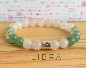 Libra Zodiac Wrist Mala // Madagascar Rose Quartz Green Aventurine  Prehnite Rainbow Moonstone