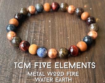TCM Five Element Wrist Mala, Five Elements Jewelry, 5 Element Bracelet, Wood- Water - Fire -Metal - Earth, Connection to Nature Ourselves