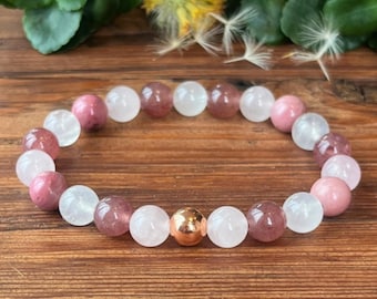 Fertility Bracelet with Copper, Moonstone - Rose Quartz - Rhodonite - Strawberry Quartz, Soothing & Supportive Crystal Energy