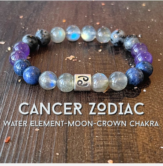 Cancer Zodiac Wrist Mala // Labradorite Dumortierite Amethyst Black  Moonstone