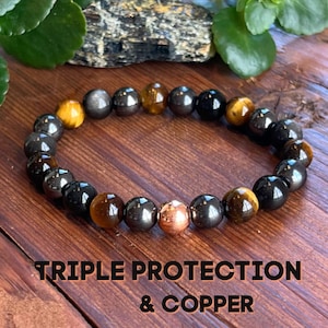 Triple Protection Bracelet with Copper, Tiger Eye - Hematite - Black Obsidian, Grounding Energy Protective Jewelry Gift for Men & Women