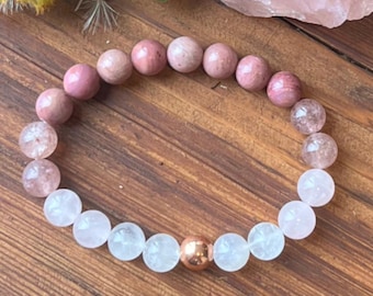 Fertility Bracelet with Copper, Moonstone - Rose Quartz - Rhodonite - Strawberry Quartz, Soothing & Supportive Crystal Energy