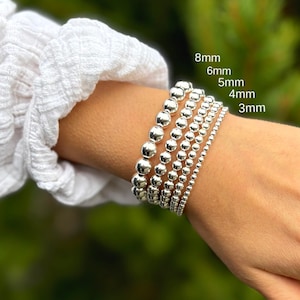 925 Sterling Silver Stretch Bracelet // 3mm, 4mm, 5mm, 6mm, 8mm Beads - Gift for Her - Stacking Bracelets - Women&#39;s Jewelry