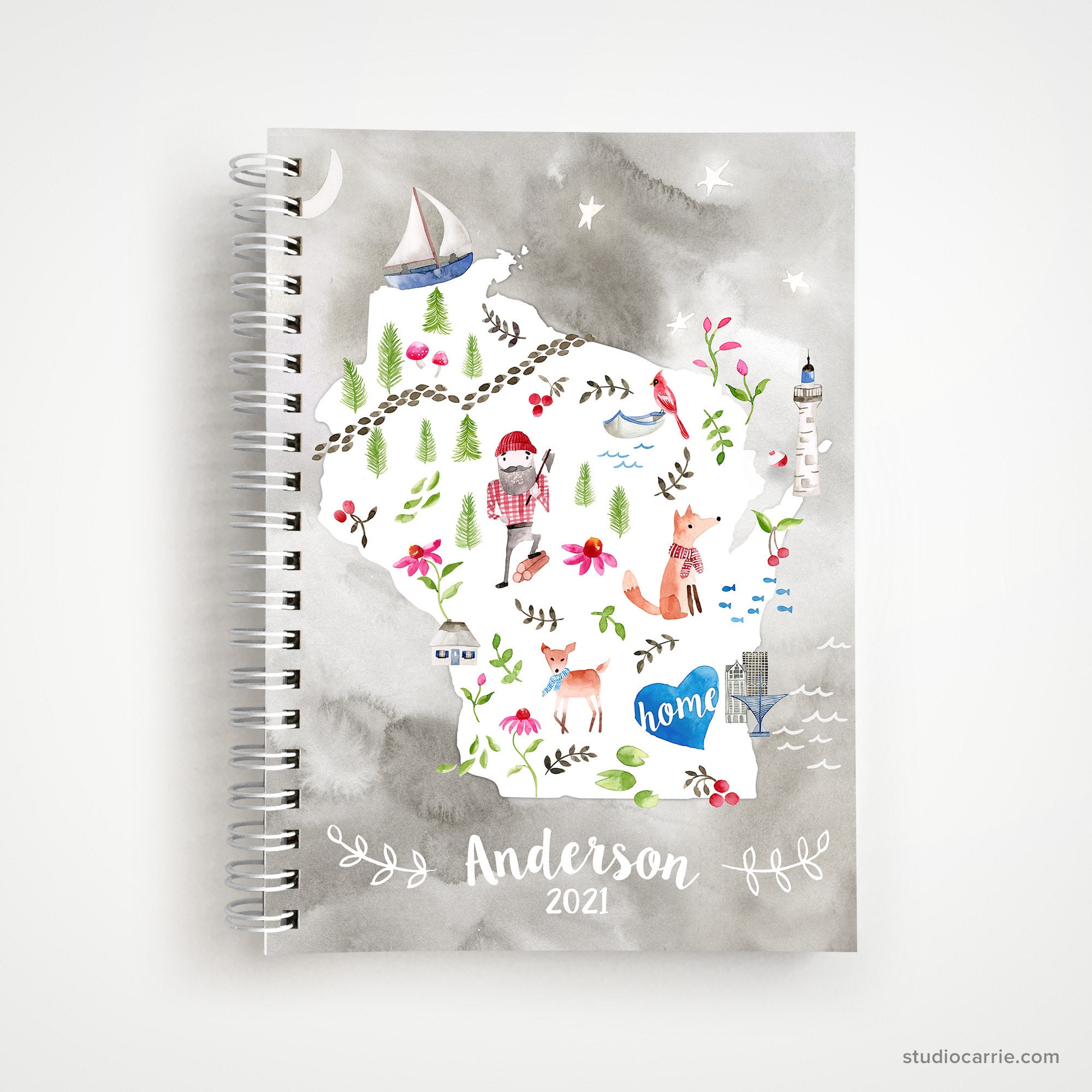 Personalized Wisconsin Home Notebook | Woodland Wisconsin Notebook | Wisconsin Camping Notebook | WI Notebook With Watercolor Art Cover