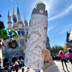 May include: White water bottle with a grey lid, decorated with silver text and crown designs. The names "Ariel", "Cinderella", and "Anna" are visible. The bottle is held in front of a castle on a sunny day.