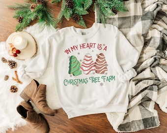 Christmas Tree Farm Snack Cakes White Crew Neck Sweatshirt // Christmas Holiday Unisex Sweatshirt // Swiftie Christmas Shirt