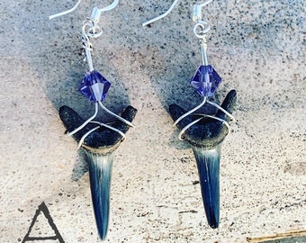 Shark Tooth Drop Earrings Swarovski Crystals Sterling Silver